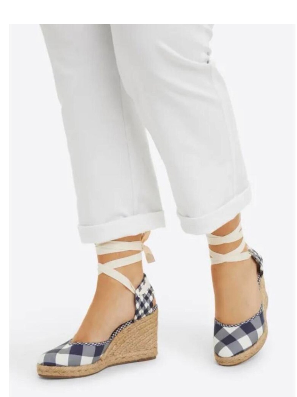 NWOT Draper James Women’s Navy Gingham Espadrille Wedge with Ankle Tie